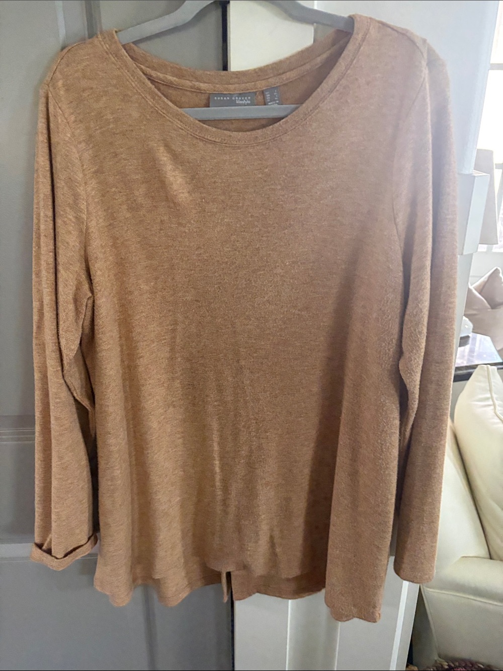 Susan Graver Long-Sleeve Crewneck Top in Camel/Tan